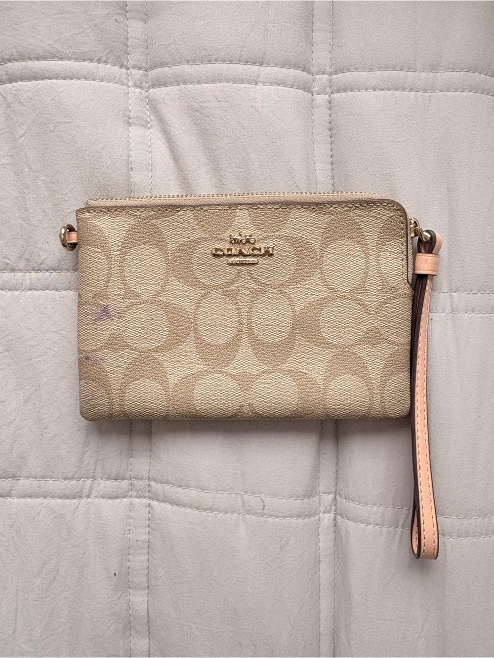 Coach Beige Signature Canvas Wristlet with Pale Pink Strap